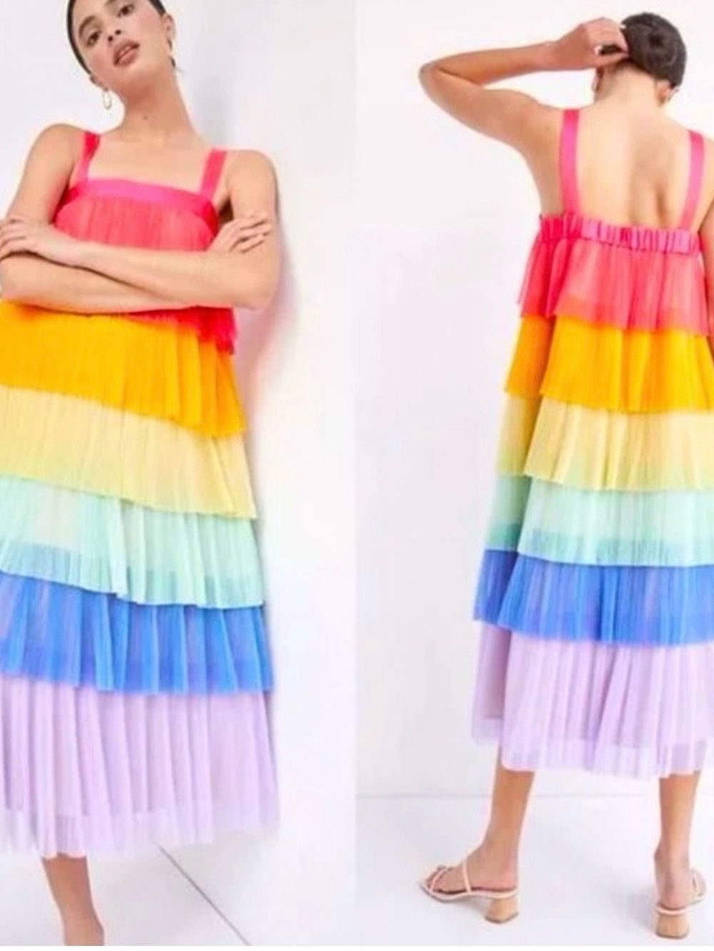 Hutch Rainbow Tiered Tulle Mesh Pleat Midi Dress Size Medium